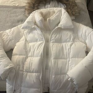 White Puffer Jacket with Detachable Fur Hood
